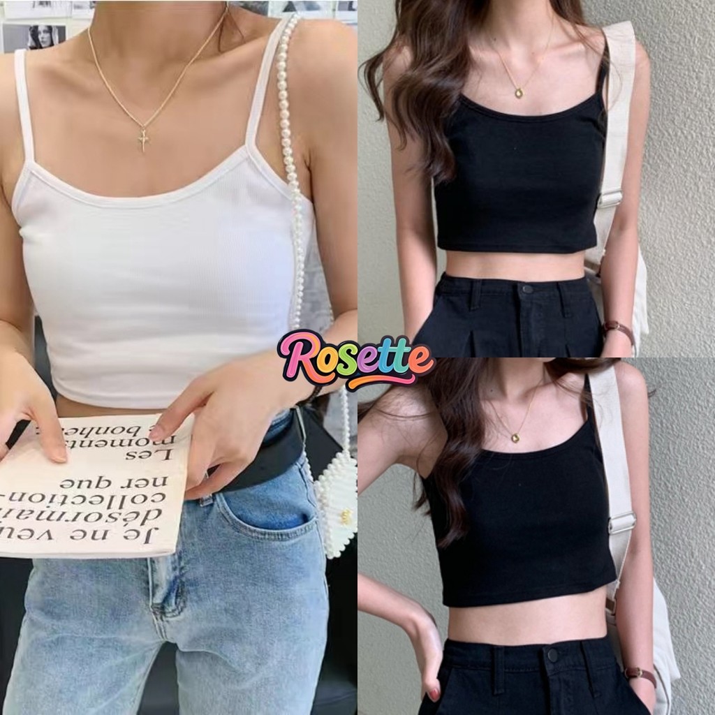 Rosette-เสื้อสายเดี่ยว สีพื้น ทรงสลิมฟิต ผ้านิ่ม เสื้อกั๊กสั้น ฐานอเนกประสงค์ ใส่สบาย สไตล์ลำลอง
