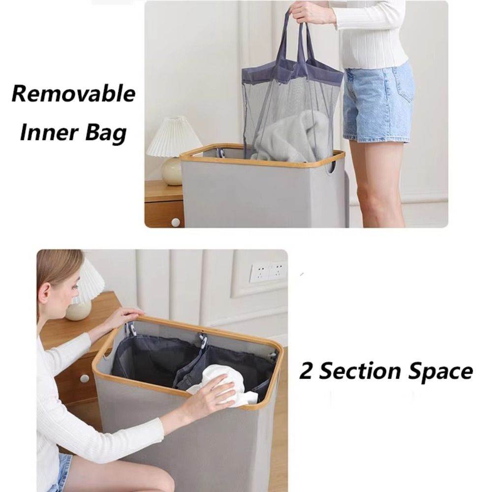 SWEE ตะกร้าเสื้อผ้าสกปรกพับได้พร้อมฝาปิด/ที่จับตะกร้าซักผ้าอเนกประสงค์ขนาดใหญ่กันน้ํา 2 ส่วนกระเป๋าด้านในซักผ้าตะกร้าอพาร์ทเมนท์ห้องนั่งเล่น - รูปที่ 6