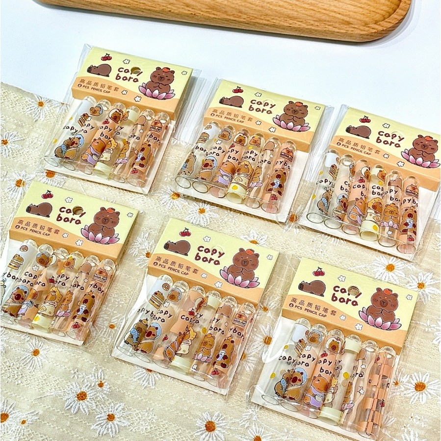 6 ชิ้น/เซ็ตน่ารัก คาปิบาระ ดินสอ ปลายปากกา ป้องกันโปร่งใสการ์ตูนดินสอหมวกนักเรียนเครื่องเขียนของขวัญเด็ก