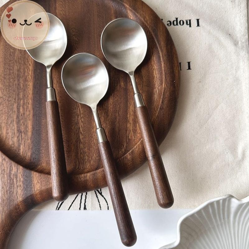 Chee 1 ชิ้นสแตนเลสเลียนแบบไม้ Handle ชุดช้อนส้อมอาหารเย็น Clamp Western Tableware ขนมหวานช้อนซุป EN