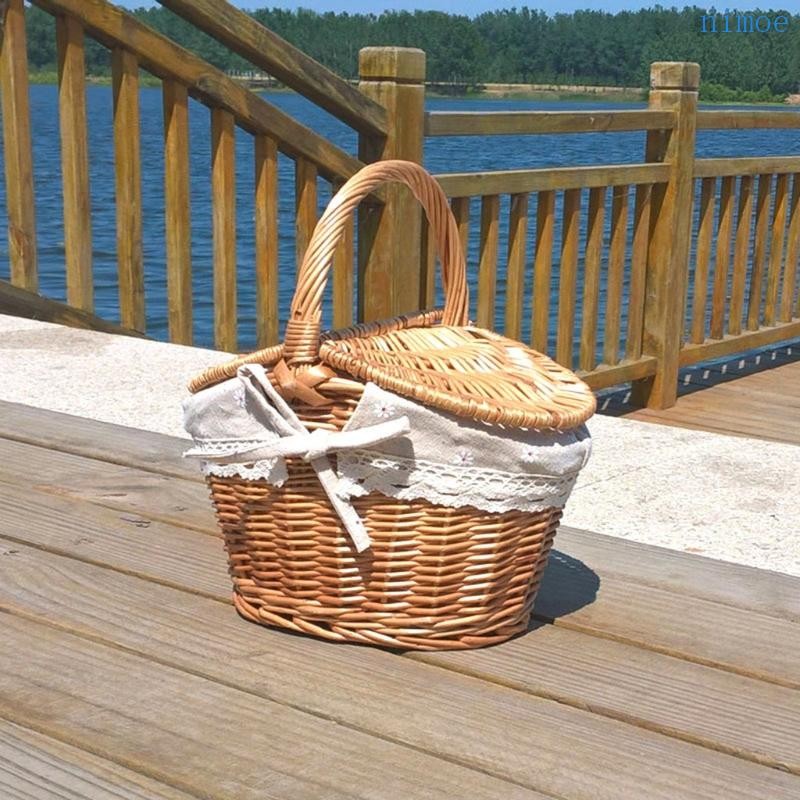 Wicker Hamper Handmade Wicker Willow Woven Picnic Basket with Handle Double Lid