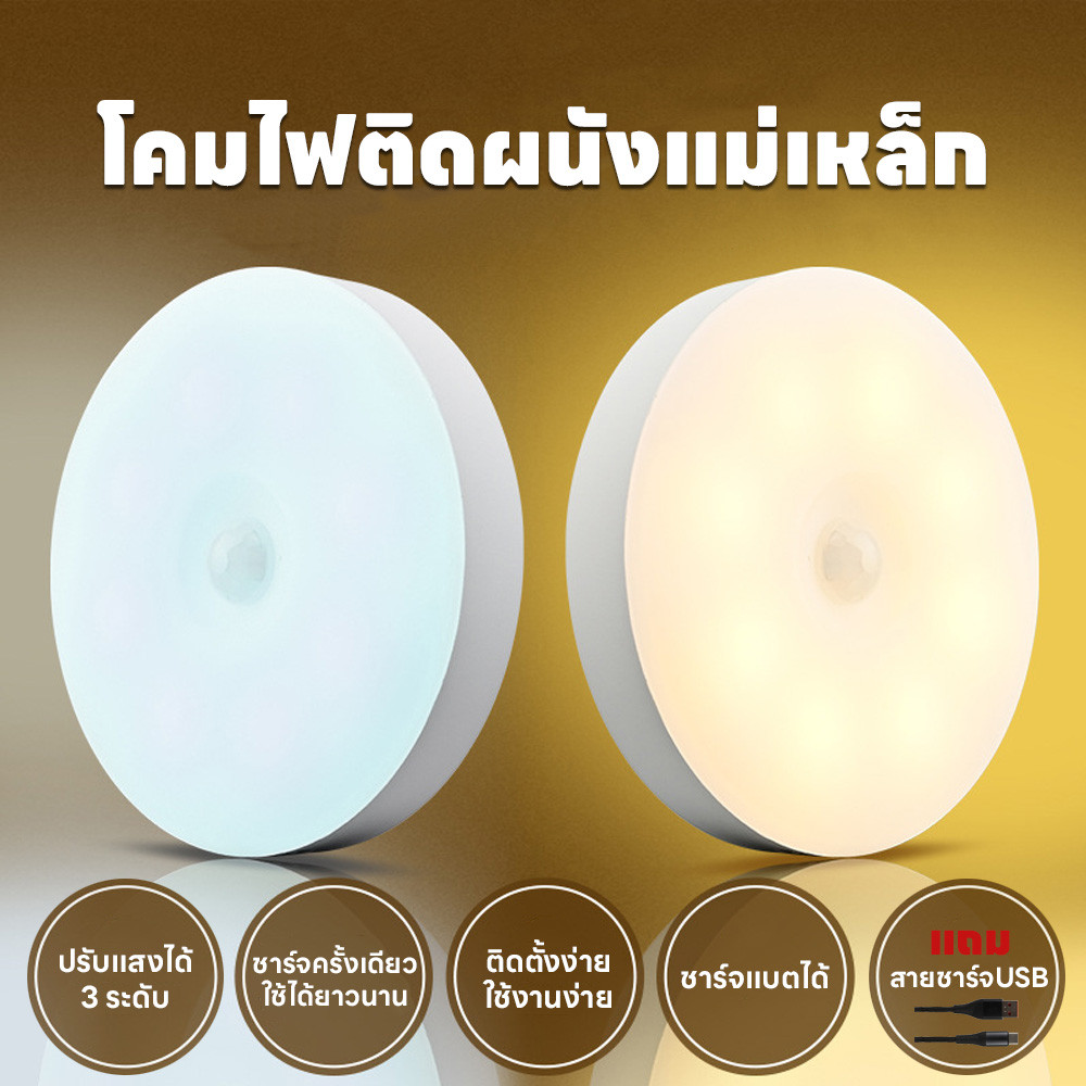 ไฟติดห้องนอน โคมไฟไร้สาย ไฟ แถมสายชาร์จUSB ปรับได้ 3 สี โคมไฟหัวเตียงLED ติดพนัง ยึดผนังด้วยแม่เหล็ก