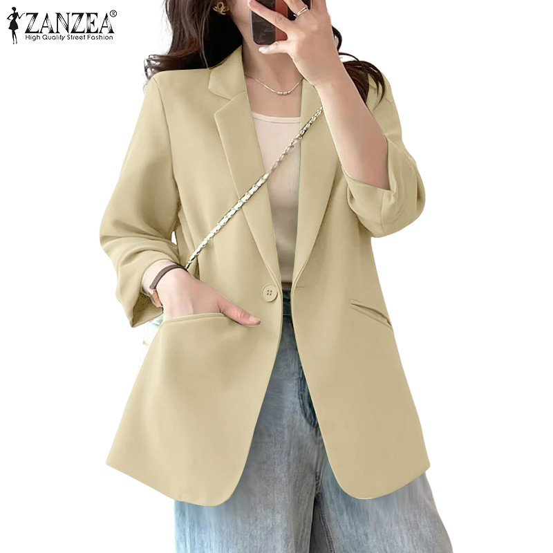 ZANZEA ผู้หญิงงานเกาหลีสํานักงาน OL ปกแขนยาวปุ่มขึ้นเสื้อเบลเซอร์แข็ง