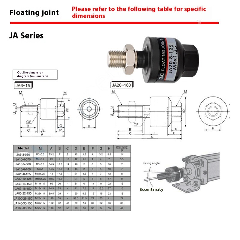 SMC Universal Floating Joint JA5/10/15/20/30/40/3-4-5-6-8-10-12-14-16-050/070/080/100/125/150/175 - รูปที่ 5