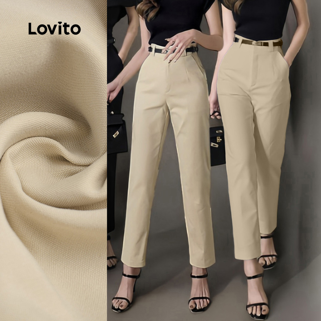 (New) Lovito กางเกงชาวเขาสบายๆ ซิบ กระดุม กระเป๋า ใส่ได้ทุกฤดู สีกากี L142ED145