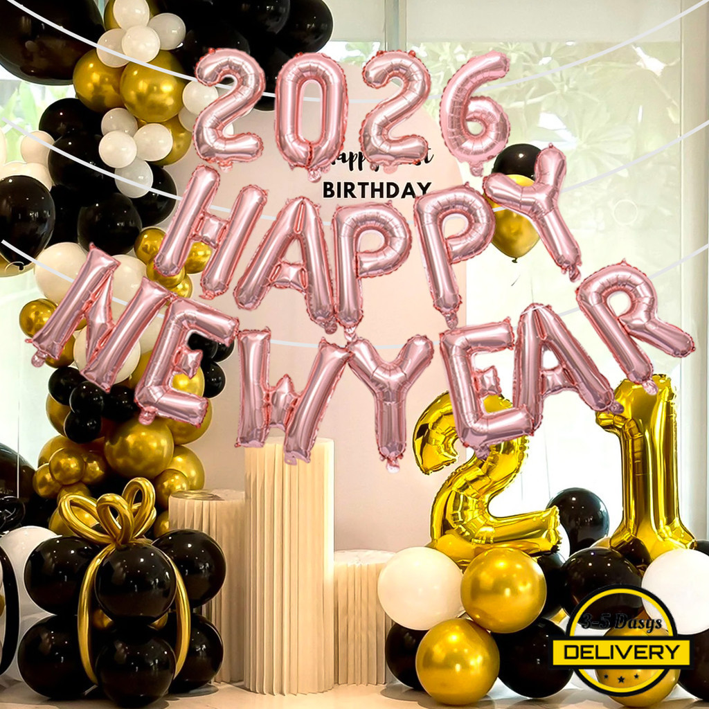 [3-5 วันมาถึง]HAPPY NEW YEAR 2026 ลูกโป่งตัวอักษรฟอยล์ 16 นิ้วชุด | 1/2/3ชุดทอง/กุหลาบเงิน/สีดําโลหะตกแต่งสําหรับงานเลี้ยงปีใหม่วันครบรอบแต่งงาน