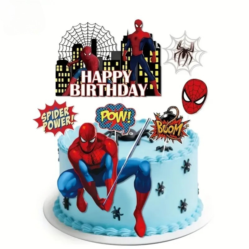ปลั๊กอินตกแต่งเค้กซีรีส์ Spider Man ใหม่สําหรับงานเลี้ยงวันเกิดของเด็กและเด็กชาย ปลั๊กตกแต่งเค้กและขนม