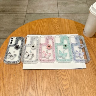 SAMSUNG สําหรับSamsung A06 A07 A17 A16 A26 A36 A56 A14 A34 A54 A05 A05s A15 A35 A55 S26 S25 S24 Plus S26 Ultra 5G Glitterดอกไม้ผีเสื้อฝาครอบนุ่ม