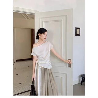 Dahong 💖 99168 เสื้อไหล่เฉียง เนื้อผ้าซาตินเรียบหรู ทรงสวย ผ้าดีใส่สบาย งานจริงสวยสง่าแฟชั่นเกาหลี