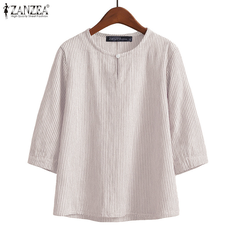 เสื้อเชิ้ตลายทางแขนสาม_quarter สไตล์เกาหลีสำหรับผู้หญิง มีกระดุม เหมาะสำหรับวันธรรมดาและงานสังคม