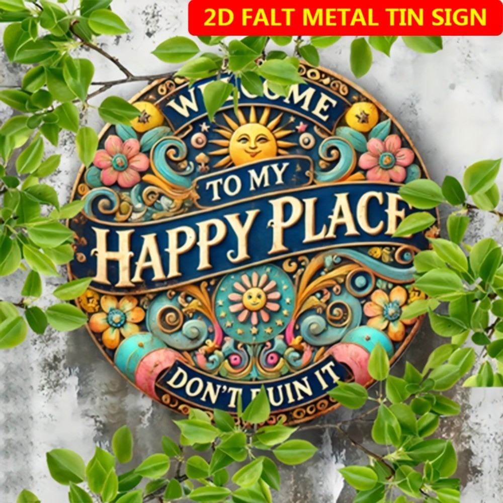 2D Happy Place Sun ป้ายโลหะรอบอลูมิเนียม Wall Art Decor สําหรับ Home Leisure