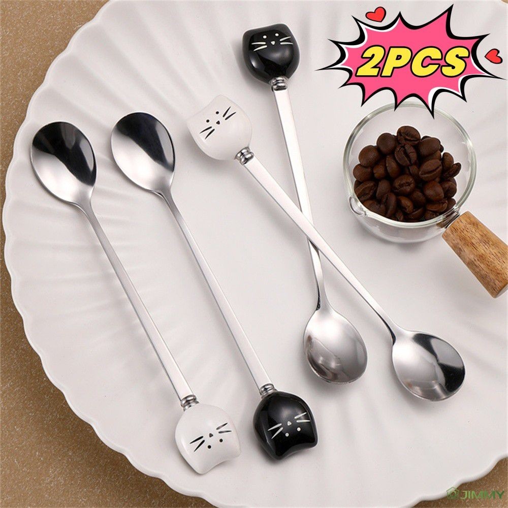 2PCS สแตนเลส Cat Paw ช้อนเซรามิคยาวช้อนขนมหวานแบบพกพาทําความสะอาดง่ายครัว Cutleries