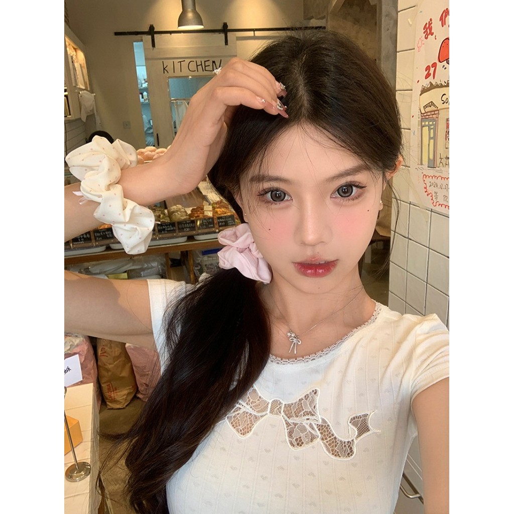 เครื่องประดับผมสีฟ้าและชมพูหวาน คลิปหนีบผมโบว์ สครั๊นchie สำหรับสไตล์ผมหางม้า