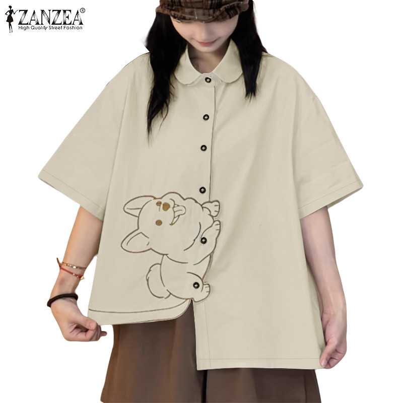 ZANZEA เสื้อสตรีทแวร์สำหรับผู้หญิง ดีไซน์พิมพ์การ์ตูนไม่สมมาตร แบบเปิดกระดุมยกล้อป
