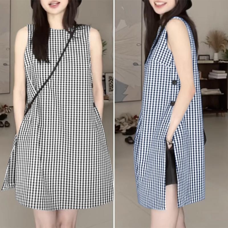 mimi&didi#เดรสทรงเอ สไตล์เกาหลี สำหรับผู้หญิง ลายสก็อตใหม่ แขนกุด คอกลม ลำลอง ทรงหลวม เดรสสายเดี่ยว#99133