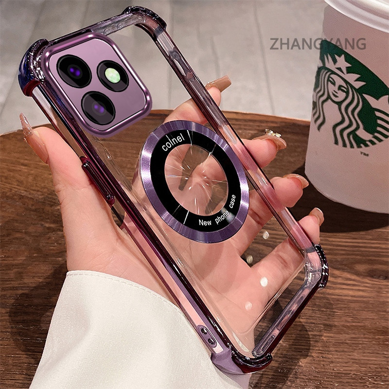 สําหรับ OPPO A5 Pro 5G กันกระแทกไฟฟ้าโปร่งใสความละเอียดสูงเคสโทรศัพท์ความงามแม่เหล็กดูดออกแบบซิลิโคน TPU นุ่ม