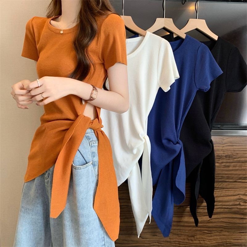 ความรู้สึกการออกแบบเฉพาะช่องไม่สม่ําเสมอBottomingเสื้อสําหรับผู้หญิงขนาดเล็กCrushion Linen Sorted T 