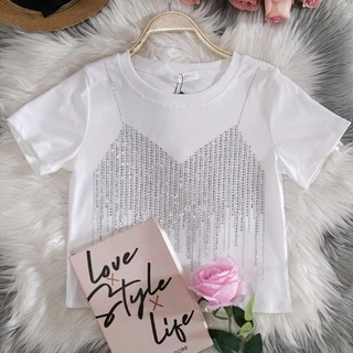 เสื้อยืดแขนสั้นผู้หญิง เพชรบาร์หน้า รีดเพชรแน่นๆ ผู้หญิง