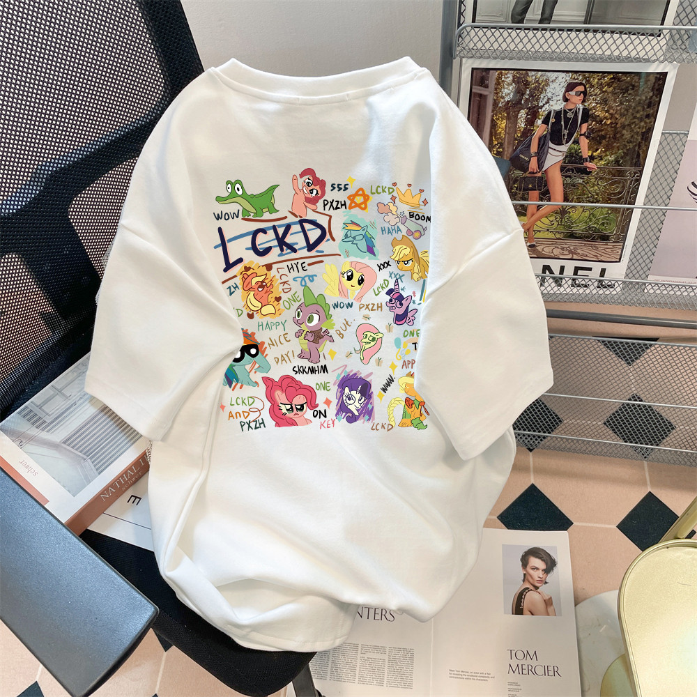 (จัดส่งตลอด 24 ชั่วโมง）OOOK Official，การ์ตูนสีสันสวยงามพิมพ์เสื้อยืดแขนสั้นหลวม