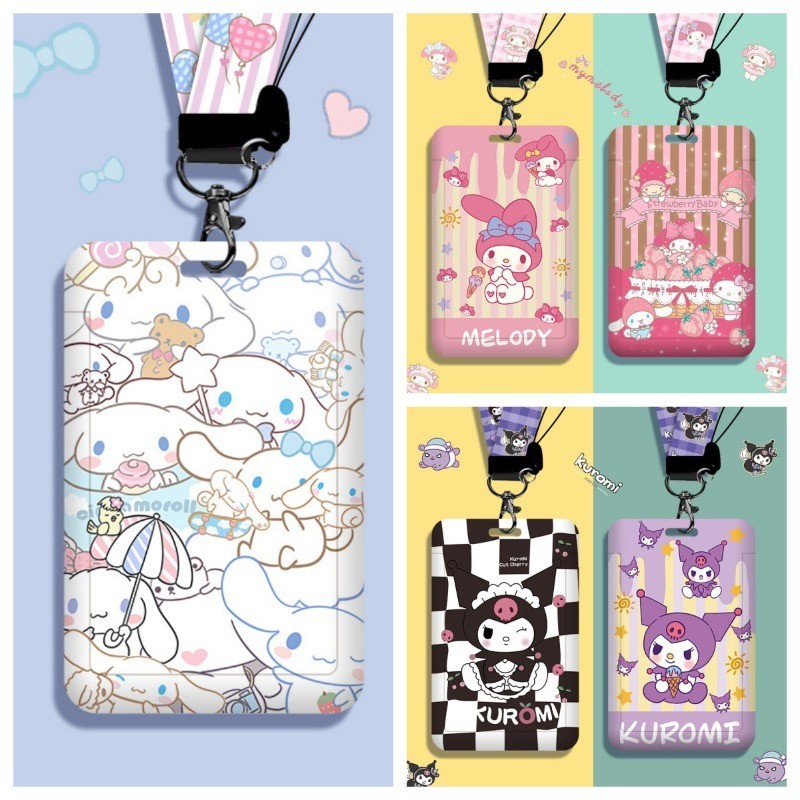 Kawaii Sanrio พวงกุญแจจี้ Hellokitty Kuromi Cinnamoroll น่ารักผู้ถือบัตรพลาสติก Lanyard ผู้ถือบัตรสําหรับของขวัญนักเรียน