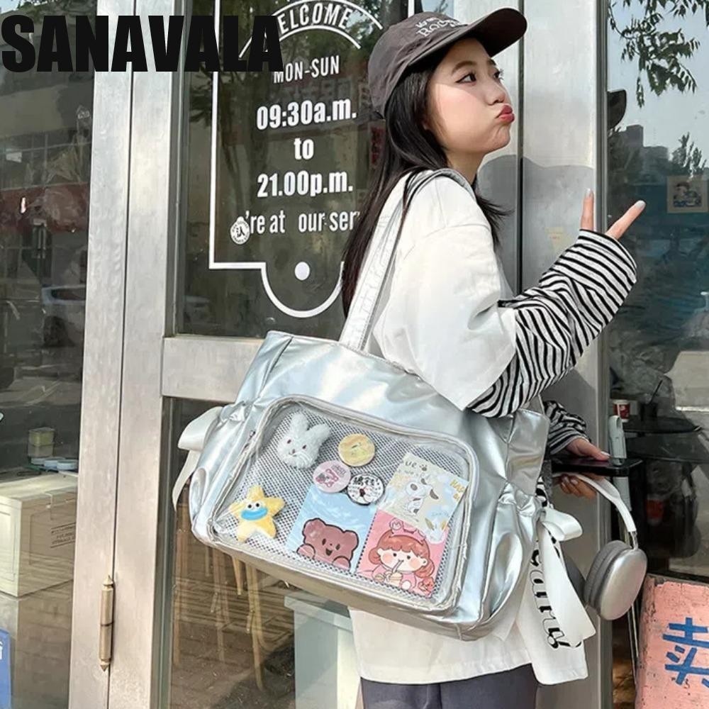 Sanavala ซาติน Itabag, PVC ตุ๊กตาตุ๊กตา Drawstring จีบกระเป๋าโบว์, ช้อปปิ้งความจุขนาดใหญ่โปร่งใสริบบิ้นสีชมพูโบว์ Itabag โรงเรียน