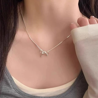 Bling Silver สี Bowknot Fairy Dangle สร้อยคอ Clavicle Chain สําหรับสาวหวาน