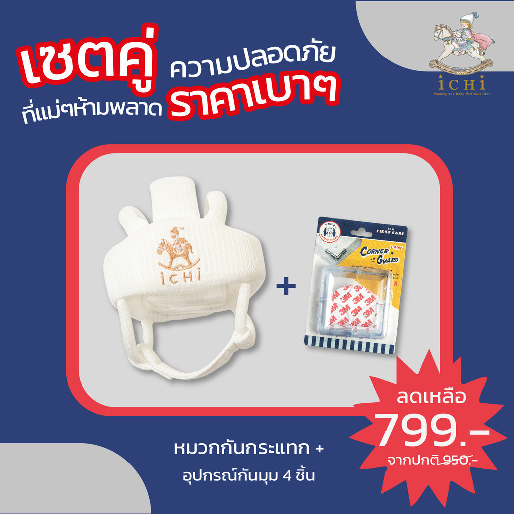 iCHi หมวกกันกระแทกสำหรับเด็ก สีขาว +  อุปกรณ์กันมุม  4 ชิ้น อุปกรณ์เซฟตี้สำหรับเด็ก
