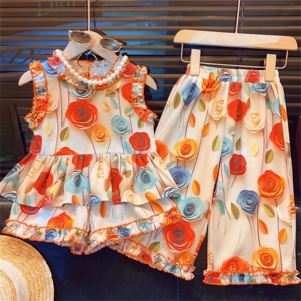 หมีผู้นําดอกไม้วินเทจสาวชุดฤดูร้อนแขนกุดพิมพ์จีบเสื้อยืดด้านบน + กางเกงขาสั้น + กางเกง 3 ชิ้นชุดแฟชั่นใหม่เด็กเสื้อผ้า