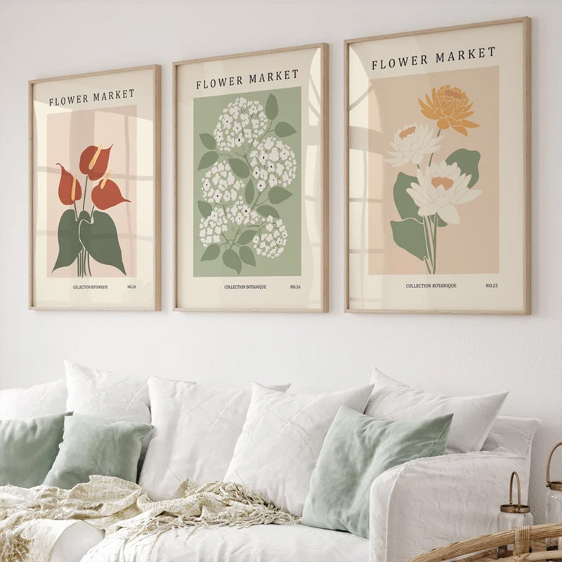 ดอกไม้ที่มีสีสันดอกไม้ Gallery Entryway พิมพ์โปสเตอร์พืชดอกไม้ Market ภาพวาดผ้าใบห้องนั่งเล่น Boho ตกแต่ง Wall Art