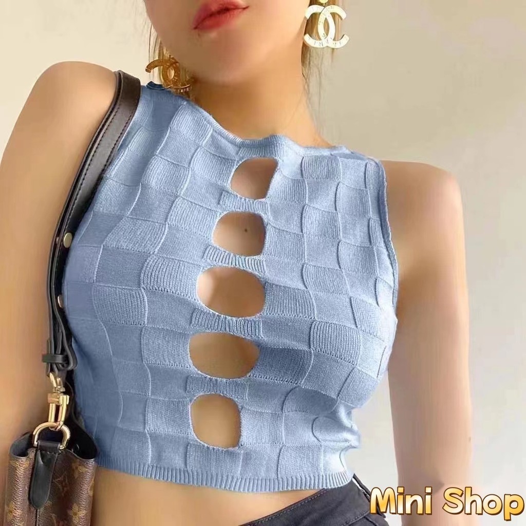 Mini shop🌸พร้อมส่ง🌸(6790)หลากสีเเสื้อไหมพรมแขนกุด เว้าช่วงอก ผ้านุ่มยืดได้ เซ็กซี่เผ็ดมากกกค่า เสื้อกล้าม  เสื้อแขนกุด