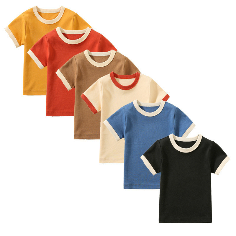 2-6Y เสื้อยืดแขนสั้นเด็กทารกเด็กวัยหัดเดินด้านบนผ้าฝ้าย 100% เย็บสีเสื้อยืดแขนสั้น