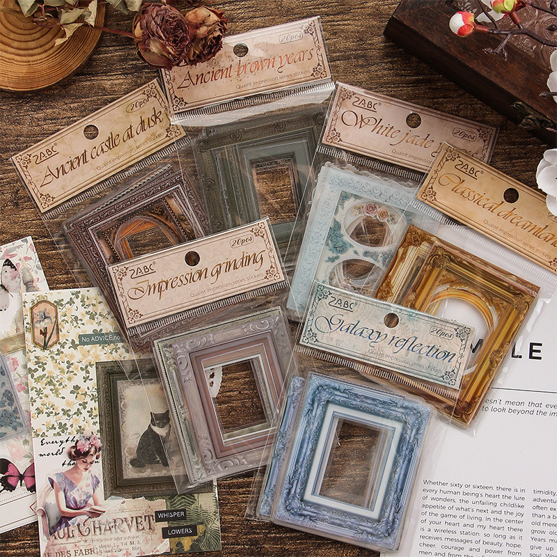 Journamm 20 ชิ้น/แพ็ค Vintage Border กรอบรูปสติกเกอร์กันน้ํา PET DIY Scrapbooking Collage เครื่องเขียนตกแต่ง Junk Journal ความงามสติกเกอร์