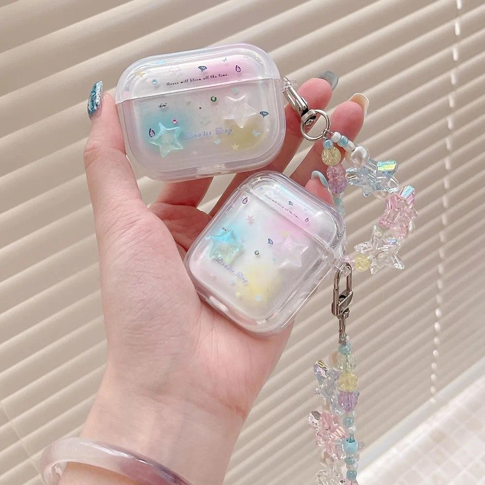 ดาวสีสันสดใสหูฟังบลูทูธสําหรับ AirPods Pro 1 2 3 4 Pro2 Air Pods หูฟังนุ่มชุดหูฟังฝาครอบป้องกันพร้อมพวงกุญแจ