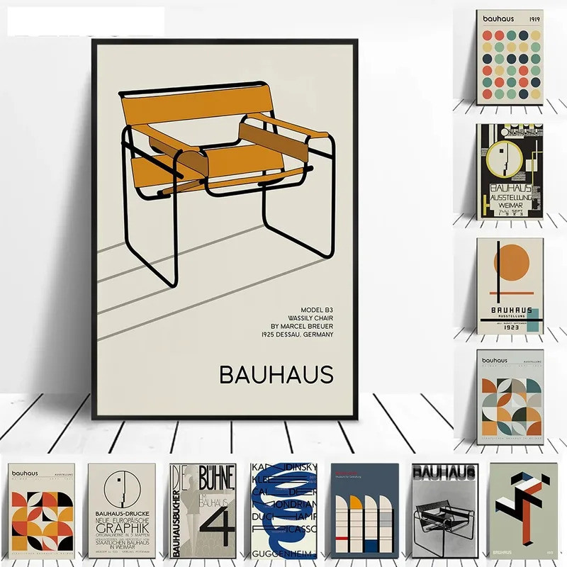 Bauhaus นิทรรศการโปสเตอร์เก้าอี้วิ่งชายเรขาคณิตผ้าใบภาพวาดสีดําสีส้ม Minimalist บทคัดย่อภาพผนังตกแต่งบ้าน UNJI