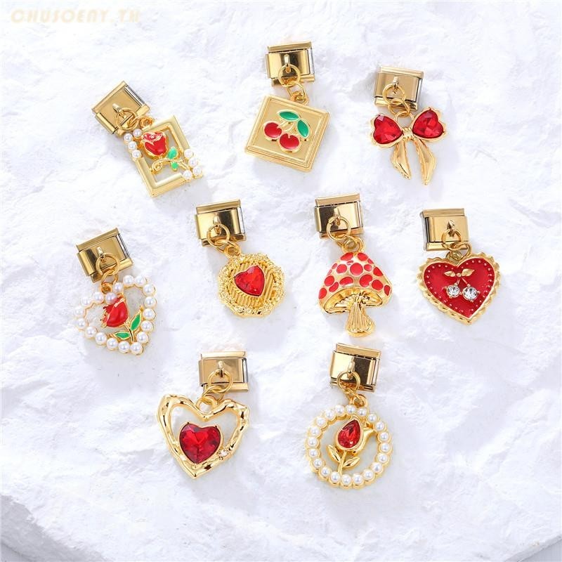 ยอดนิยม Love Unicorn Golden จี้ Cherry Strawberry Italian Charm Links Fit 9 มม.สร้อยข้อมือสแตนเลสทําเครื่องประดับ