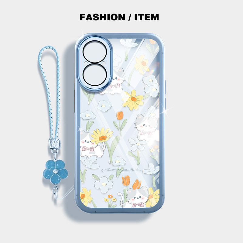 น่ารักดอกไม้และแมวกันกระแทกเคสโทรศัพท์สําหรับoppo A3X 5G 4G A60 4G A1 A2 A79 A98 F23 5Gปลอกฝาครอบป้องกันโปร่งใสพร้อมเชือกแขวนดอกไม้