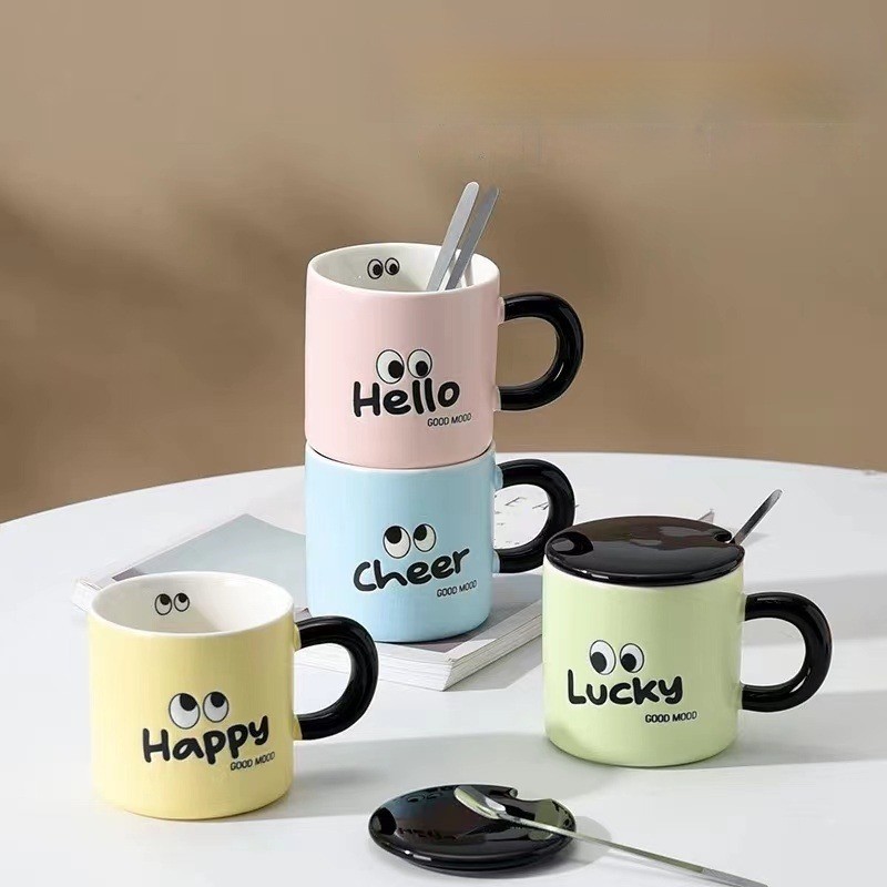 พร้อมส่ง!! แก้วมัค Hello ผลิตจากเซรามิก มินิมอล น่ารัก แก้วฝาปิดพร้อมช้อน สีสันสวยงาม เข้าไมโครเวฟได้