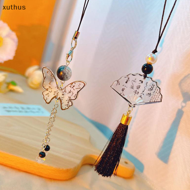 Xut ใหม่สไตล์จีนหมึกประดิษฐ์ตัวอักษรผีเสื้อพัดลมจี้โซ่โทรศัพท์มือถือป้องกันการสูญหายเชือกเส้นเล็กวินเทจพวงกุญแจกระเป๋าจี้ของขวัญ N