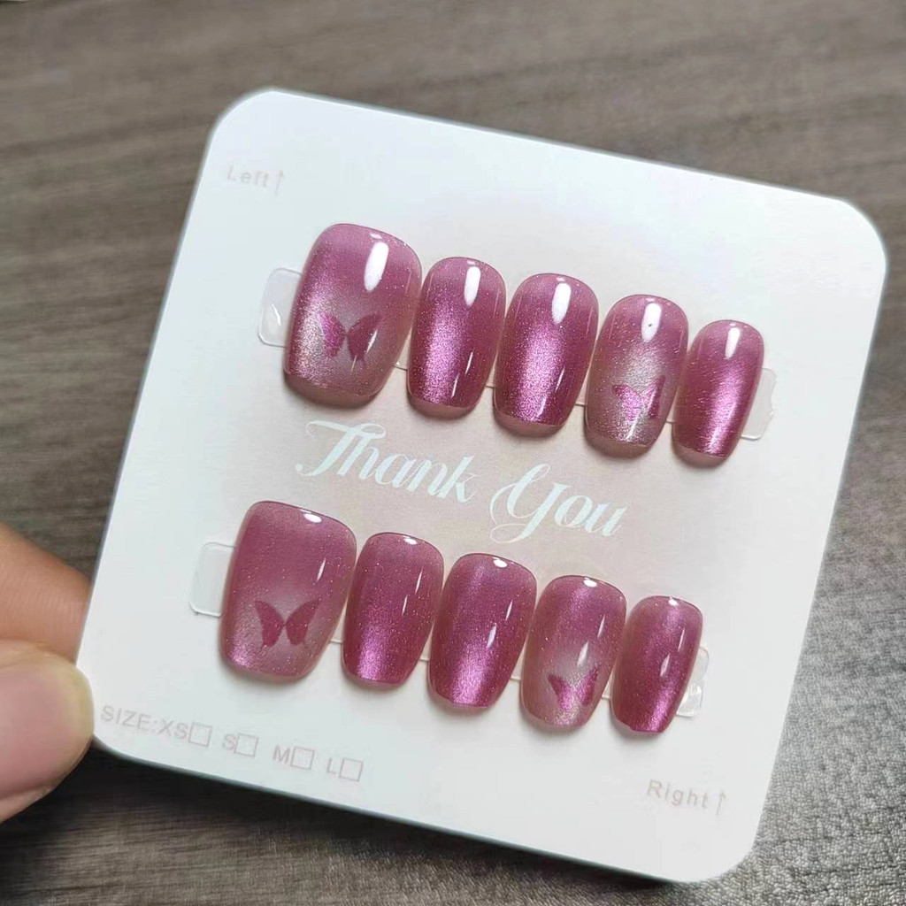 10pcs Cat Eye Handmade กดบนเล็บเล็บปลอมพร้อมสติกเกอร์กาว M108