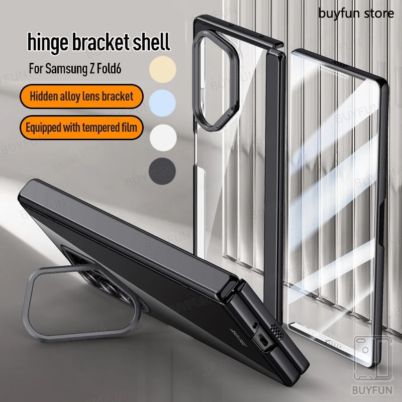 For Galaxy Z Fold6 Fold 6 ZFold6 5G Bracket Case Plating Hard Hinge Shell Shockproof Clear Cover With Tempered Glass