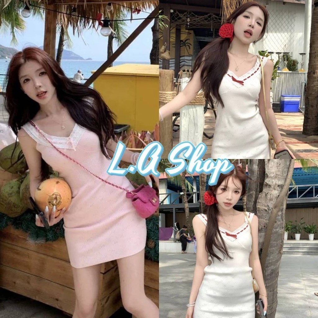 L.A Shop​-​พร้อมส่ง "Q31" ชุดมินิเดรสไหมพรม สีพาสเทล คาวาอี้ดีเทลแต่งโบว์ผ้าร่องทรงรัดตัว