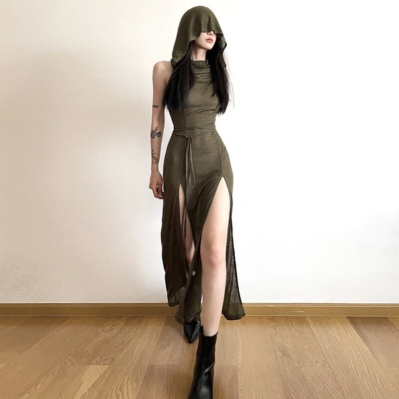 Kliou Vintage ผู้หญิงเซ็กซี่ Hollow-out Design สูงแยกแขนกุด Hooded Slim Maxi ชุดธรรมดาถักชุด