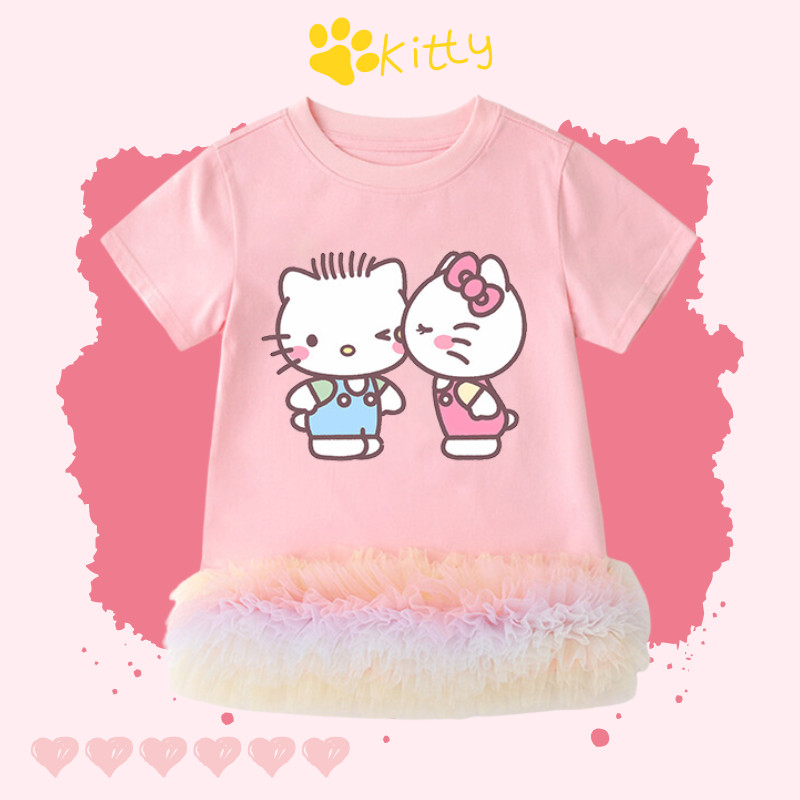 สาวเสื้อยืดชุด สวัสดี คิตตี้ การ์ตูนที่มีสีสันสายรุ้งตูกระโปรงบัลเล่ต์สไตล์แขนสั้นชุดเด็กทารก