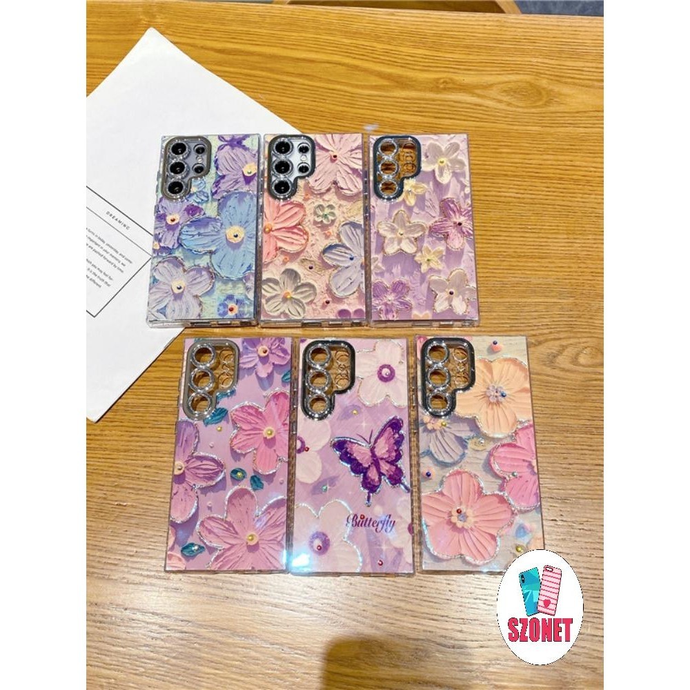 SAMSUNG เลนส์แวววาวดอกไม้และผีเสื้อเคสโทรศัพท์สําหรับsamsung Galaxy Ultra S25 S24 S23 S22 Ultra S21 Plus S20 FE A55 A54 A34 A14 A04 A73 A53 A52 A32 A30 Anti-Fallฝาครอบโทรศัพท์