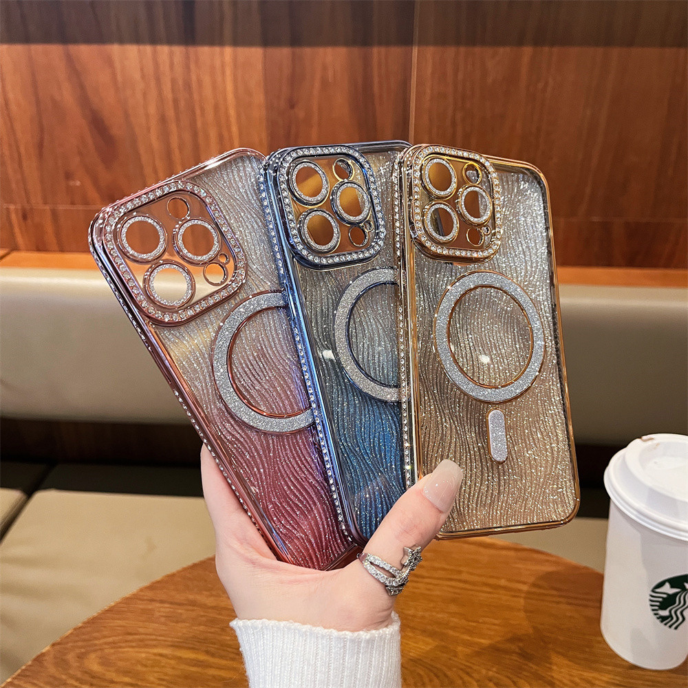หรูหราแฟลชเพชรเคสโทรศัพท์แม่เหล็กสําหรับiphone 11 12 13 14 15 16 Pro Max 15 Plusเลนส์ป้องกันกล้องกันกระแทกTPU soft Caseเคสโทรศัพท์ป้องกัน