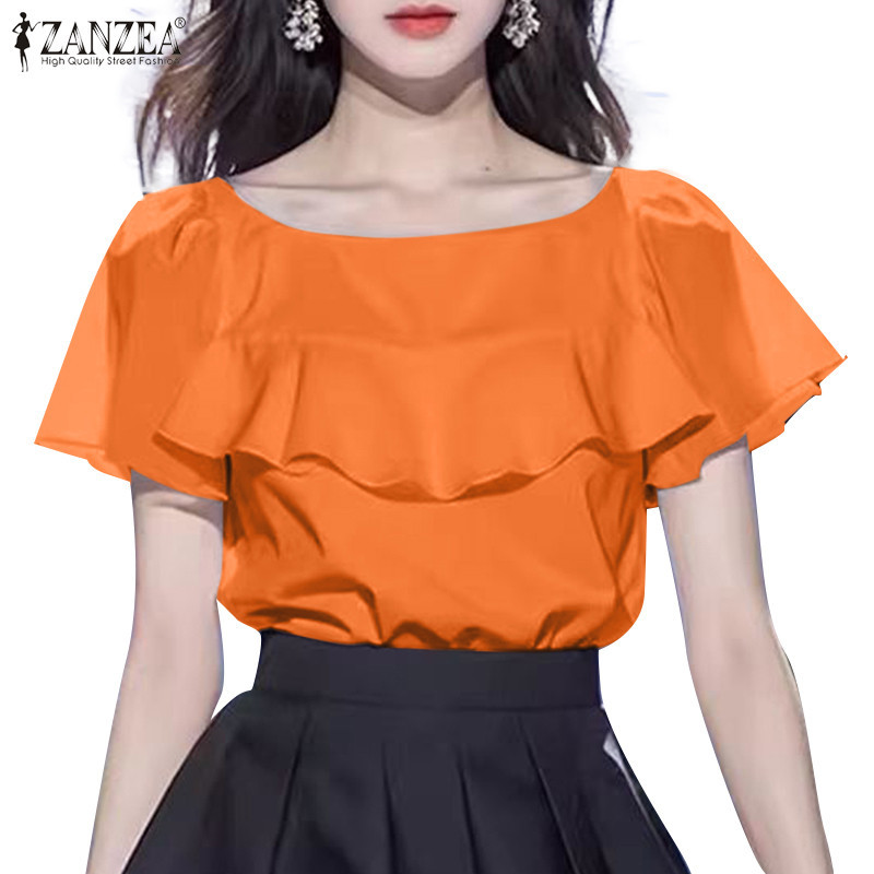 Zanzea เสื้อเบลาส์แขนสั้นคอลูกเรือหรูหราเกาหลีสําหรับผู้หญิง