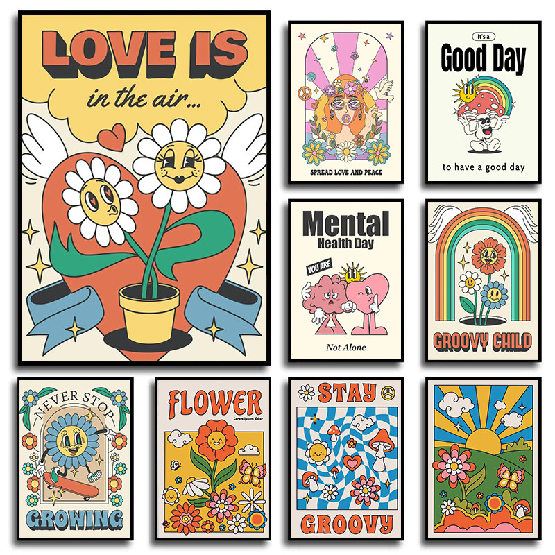 Retro ดอกไม้ Sun แฟชั่นน่ารักการ์ตูนตัวอักษรอ้างโปสเตอร์พิมพ์ผ้าใบพิมพ์ Wall Art ภาพสําหรับห้องนั่งเล่นตกแต่ง