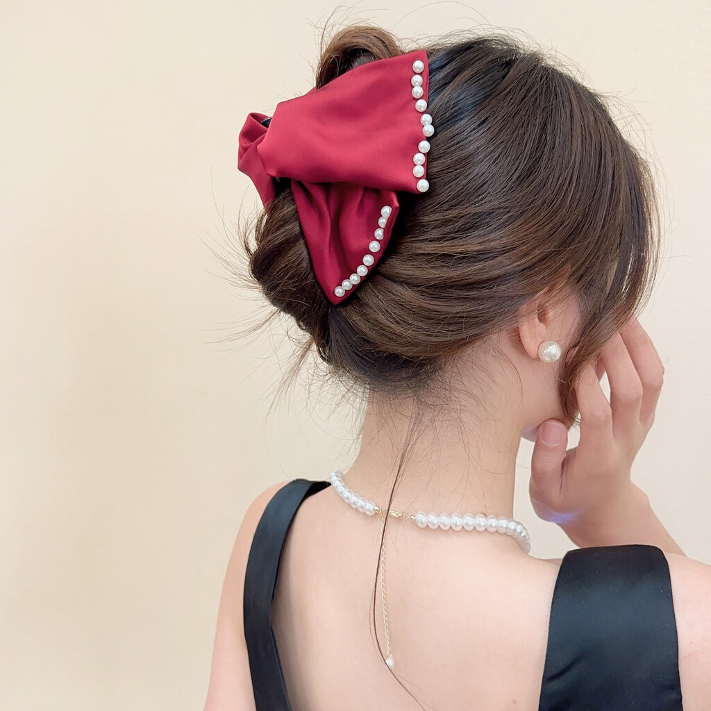 MYPINK คลิปหนีบผม โบว์ผ้า ประดับมุก สีสวย หนีบรวบผม