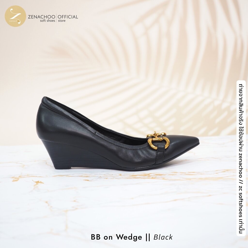 ทรงปกติ:เปลี่ยนไซส์ได้-ไม่รับคืน:: Zenachoo รุ่น BB on Wedge สูง 2 นิ้ว รองเท้าส้นเตารีด หัวแหลม หนังแกะแท้