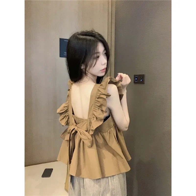 Chic Western สไตล์ All-Match ผู้หญิง Laced-Up ฤดูร้อนสไตล์ใหม่ Flying Sleeve Top Bowknot 2024 เสื้อ Slimmer ดู XWU